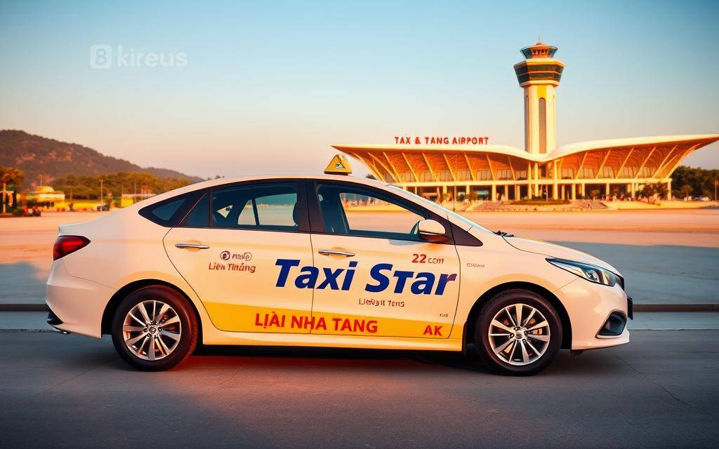 A photo-realistic image of a sleek, modern "Taxi Star" taxi car parked in front of the scenic Nha Trang beach, with the Liên Khương airport terminal in the background. The taxi is prominently displayed, showcasing its branding and details. The image has an ultra-realistic, 8K resolution, capturing the vibrant colors of the beach, the elegant lines of the taxi, and the architectural features of the airport terminal. The lighting is natural and soft, creating a warm, inviting atmosphere that complements the serene coastal setting.