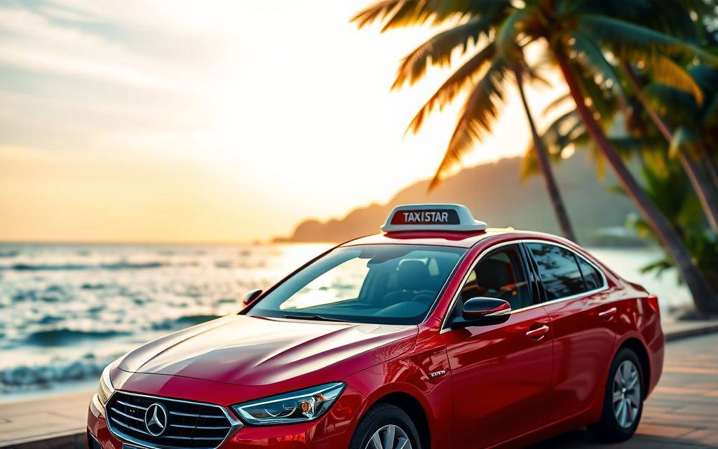 A photo-realistic image of a sleek, modern Taxi Star taxi car parked in front of the picturesque Nha Trang beach, with the crystal-clear ocean and palm trees in the background. The taxi's exterior is a vibrant, glossy red color, and the car is framed by a warm, golden sunset lighting. The scene exudes a sense of luxury and convenience, inviting the viewer to easily book a Taxi Star ride via the Hotline or Zalo app to travel from Đà Lạt to Mũi Né in comfort and style, with detailed pricing information readily available.