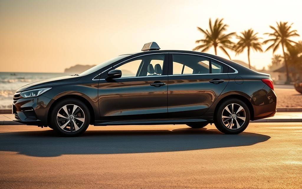 A photo-realistic image of a sleek, modern Taxi Star vehicle in the foreground, gleaming under the warm, golden hour sunlight. The car is framed against the stunning backdrop of Nha Trang's picturesque beach, with its crystal-clear waters and palm-fringed shoreline. The scene exudes a sense of luxury and comfort, inviting the viewer to imagine the high-quality private transportation service offered by Taxi Star on the Đà Lạt - Nha Trang route. The image captures the perfect balance of sophistication and natural beauty, reflecting the reliable and premium nature of the service.