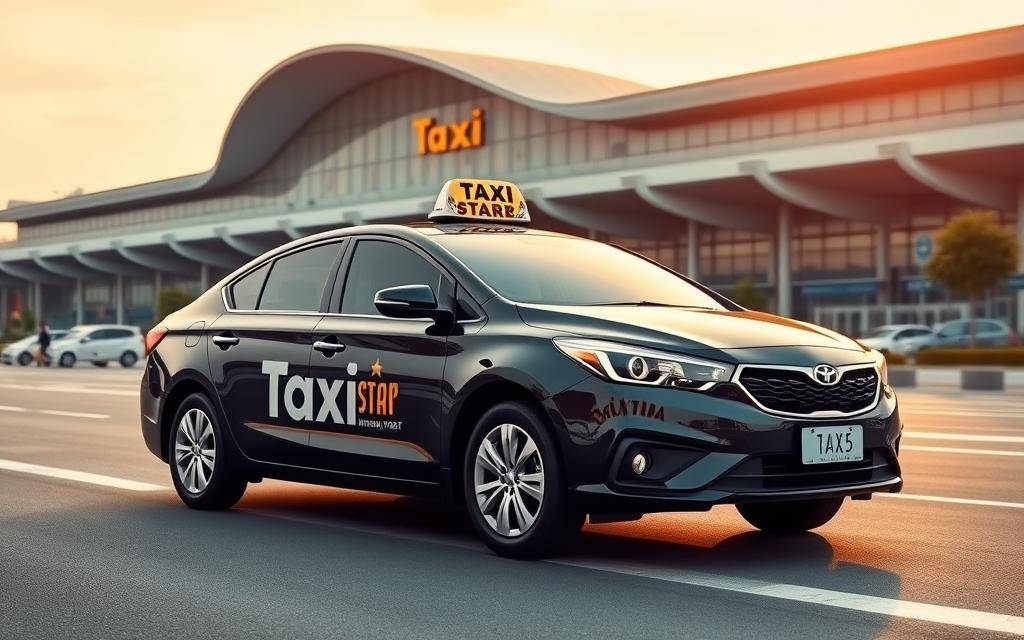A photorealistic image of a sleek, modern taxi car in a natural, warm light setting, its "Taxi Star" branding prominently displayed on the vehicle's exterior. The taxi is positioned in the foreground, with the iconic Tan Son Nhat International Airport terminal building visible in the background, creating a cohesive and visually compelling scene. The image should convey a sense of professionalism, reliability, and efficiency associated with the Taxi Star brand, in line with the article's focus on effective transportation experiences from Mui Ne to Tan Son Nhat.