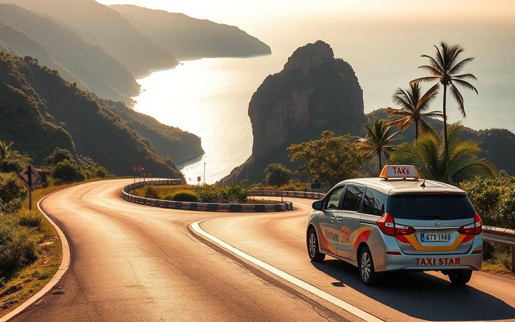 A picturesque coastal road winds through the lush, verdant hills of Nha Trang, Vietnam. In the foreground, a sleek, gleaming "Taxi Star" vehicle stands at the ready, its modern design and vibrant branding inviting travelers to embark on an adventure. The mid-ground features the iconic Hang Rái rock formation, its dramatic silhouette casting shadows across the winding road. In the distance, the shimmering azure waters of the East Sea stretch out, framed by the rolling hills and swaying palm trees. The scene is bathed in warm, golden sunlight, creating a serene and captivating atmosphere. This image captures the essence of the journey from Nha Trang to Vĩnh Hy, a breathtaking panorama that embodies the beauty and allure of this picturesque coastal region.