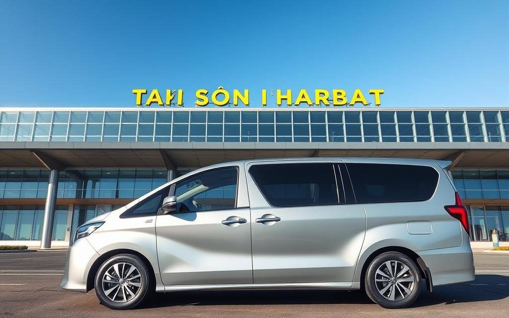 A pristine, photo-realistic image of a sleek, silver 7-seater Taxi Star MPV parked in front of the iconic Tan Son Nhat International Airport, its gleaming exterior reflecting the sunlight. The vehicle is positioned prominently, conveying a sense of professionalism and reliability. The background features the airport's modern, glass-paneled facade, with a clear blue sky above. The scene exudes a calm, welcoming atmosphere, highlighting the airport's accessibility and the convenience of the Taxi Star transfer service. The lighting is natural and evenly distributed, creating a crisp, high-quality 8K resolution image.