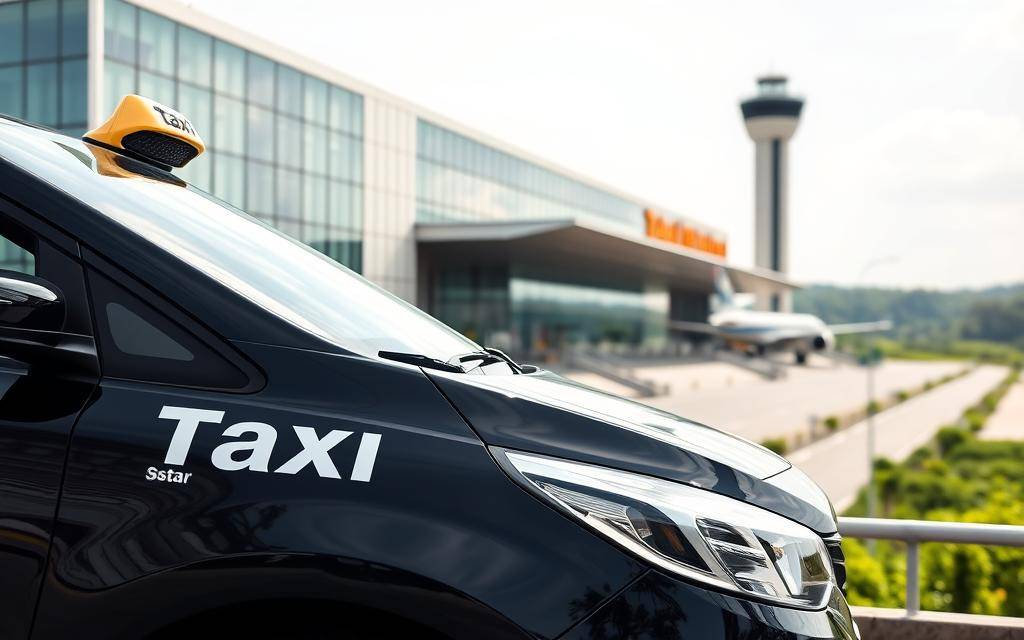 A realistic photo of a Taxi Star taxi car in front of Tan Son Nhat airport, captured in natural light. The vehicle is parked in the foreground, its sleek black exterior gleaming. In the middle ground, the airport's modern terminal building stands tall, its glass facades reflecting the bright sky. The background features the lush, verdant landscapes surrounding the airport, creating a serene and welcoming atmosphere. The composition is well-balanced, with the taxi prominently displayed while the airport and its surroundings provide context. The lighting is natural and soft, creating a warm and inviting tone. The image conveys a sense of professionalism and reliability associated with the Taxi Star brand. A realistic photo of a Taxi Star taxi car in front of Tan Son Nhat airport, captured in natural light. The vehicle is parked in the foreground, its sleek black exterior gleaming. In the middle ground, the airport's modern terminal building stands tall, its glass facades reflecting the bright sky. The background features the lush, verdant landscapes surrounding the airport, creating a serene and welcoming atmosphere. The composition is well-balanced, with the taxi prominently displayed while the airport and its surroundings provide context. The lighting is natural and soft, creating a warm and inviting tone. The image conveys a sense of professionalism and reliability associated with the Taxi Star brand.