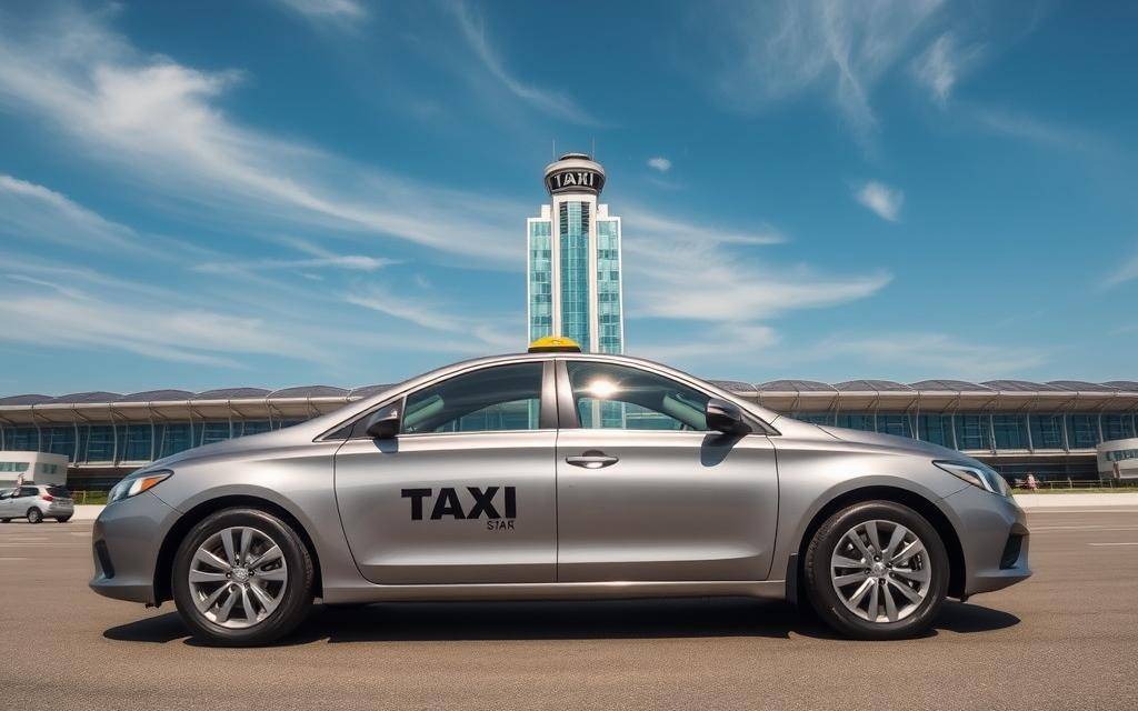A realistic photo of a sleek, silver Taxi Star sedan parked prominently in the foreground, its distinctive logo visible on the side. In the middle ground, the grand, modern facade of Tan Son Nhat International Airport rises, its glass and steel construction glinting in the natural sunlight. The background features a clear, blue sky with wispy clouds, creating a serene, professional atmosphere. The image captures the transportation options available for travelers making the journey from Mui Ne to the airport, showcasing the convenience and reliability of a Taxi Star vehicle for this route.