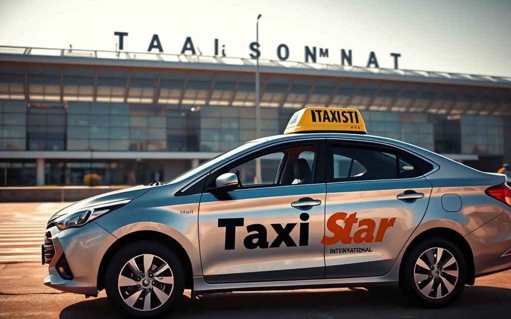 A realistic, ultra-high-definition photo of a sleek, silver Taxi Star vehicle in the foreground, its branding prominently displayed on the side. The car is positioned in front of the iconic Tan Son Nhat International Airport in the background, with its modern, glass-and-steel terminal visible in the distance. The scene is bathed in natural, warm sunlight, creating a sense of clarity and sophistication. The image conveys a professional, efficient, and reliable transportation service ready to whisk passengers from Mui Ne to their destination at the airport.