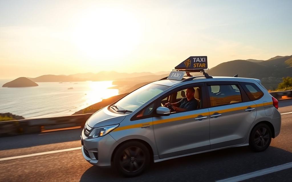A serene landscape unfolds, featuring a modern taxi from the fleet of Taxi Star, the trusted transportation provider in Vietnam. The vehicle navigates a scenic coastal route, with rolling hills in the distance and the azure waters of the Vinh Hy Bay lapping at the shore. The mid-day sun casts a warm, golden glow, creating a tranquil atmosphere perfect for a leisurely day of exploration. The composition captures the essence of an efficient yet relaxed itinerary, inviting the viewer to embark on a captivating journey from Nha Trang to Vinh Hy.