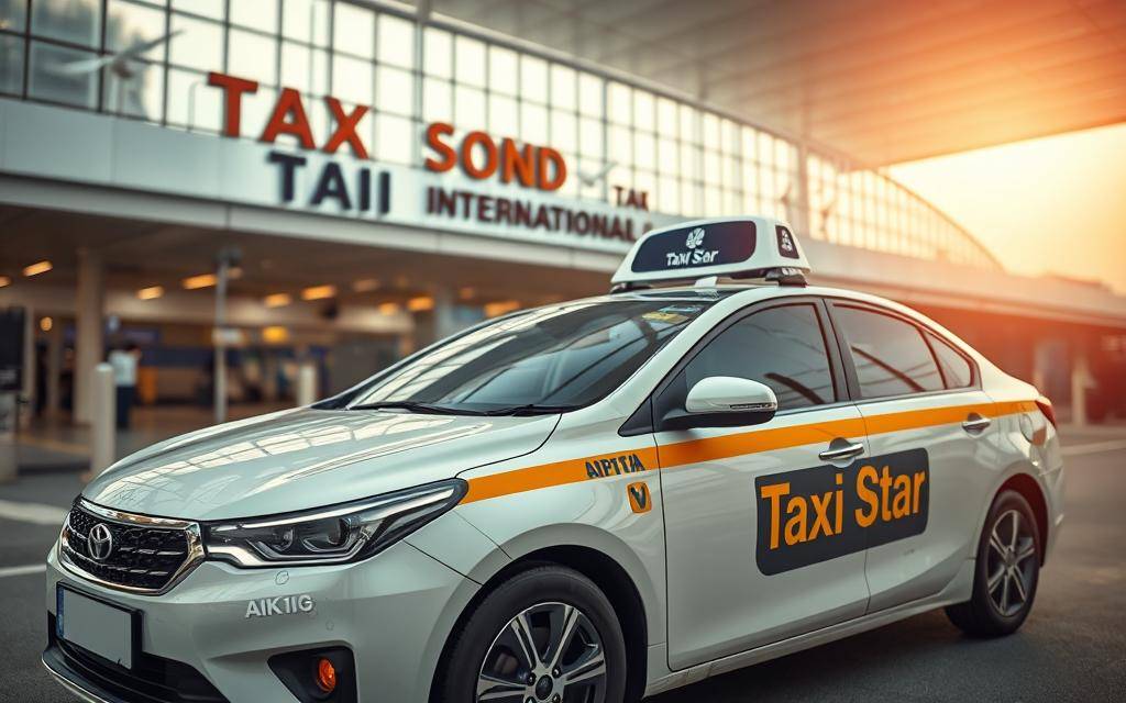 A sleek and modern Taxi Star vehicle in a natural, warm-toned lighting setting, prominently displayed in the foreground against the backdrop of Tan Son Nhat International Airport's terminal. The taxi's gleaming exterior and prominent branding capture the attention, inviting the viewer to consider this as a reliable transportation option for travel to and from the airport. The scene is captured in ultra-realistic 4K detail, creating a sense of immersion and authenticity.