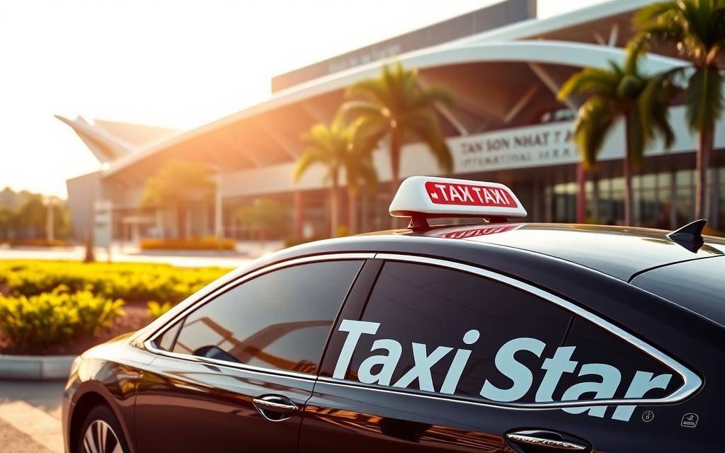 A sleek, black taxi car with the "Taxi Star" logo prominently displayed on its side, parked in front of the modern, bustling Tan Son Nhat International Airport. The vehicle is bathed in warm, natural sunlight, casting subtle shadows across its gleaming surfaces. In the background, the airport's distinctive architecture and lush, tropical landscaping create a scenic, inviting atmosphere. The taxi appears ready to whisk a passenger away from the terminal, offering a comfortable and reliable transportation option for their journey.
