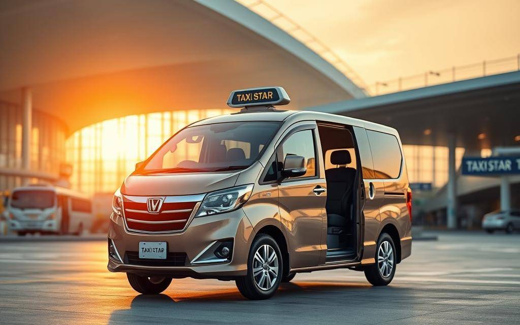 A sleek, contemporary Taxi Star minivan stands in the foreground, its gleaming metallic finish catching the warm sunlight. The vehicle is positioned against the backdrop of the iconic Tan Son Nhat International Airport, its modern architecture and bustling activity creating a dynamic urban scene. The van's interior is meticulously detailed, with plush leather seats and a spacious layout, ready to accommodate 4-7 passengers. The scene conveys a sense of efficiency, comfort, and reliability, perfectly suited for airport transportation. Soft, diffused lighting illuminates the composition, highlighting the vehicle's clean lines and the vibrant hues of the surrounding environment. The overall atmosphere is one of professionalism and sophistication, reflecting the high-quality service offered by Taxi Star.