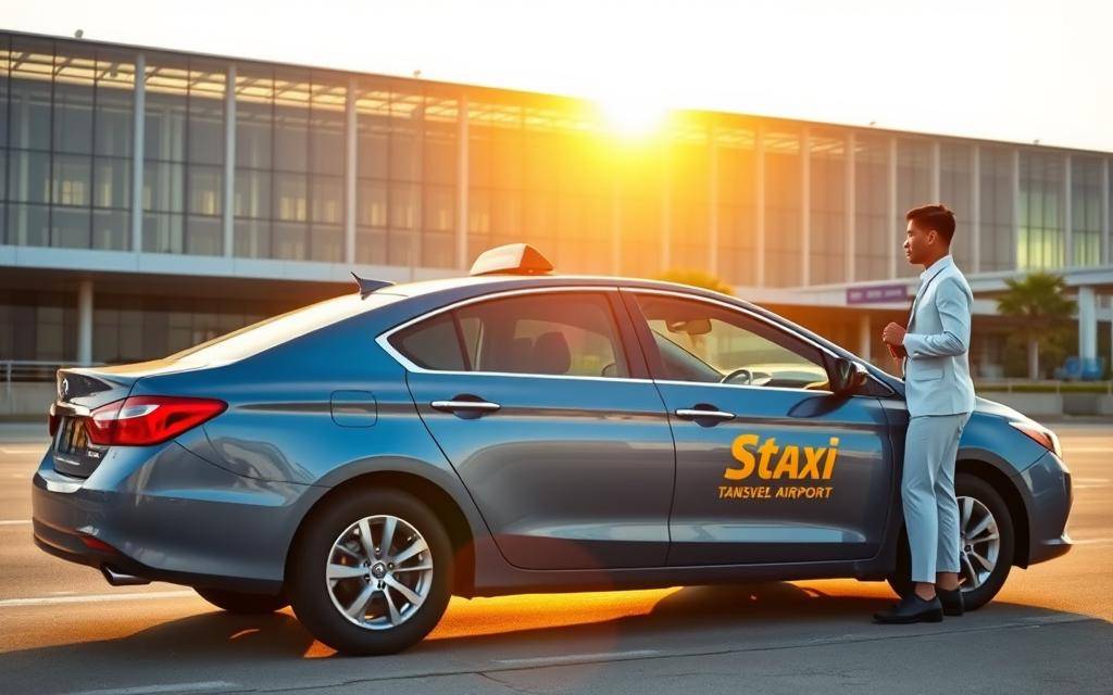 A sleek, metallic-blue "Taxi Star" sedan idling curbside under the warm, golden glow of the afternoon sun. The iconic Tan Son Nhat International Airport terminal looms majestically in the background, its glass facade reflecting the vibrant activity of the bustling travel hub. The taxi's driver, dressed in a crisp, white uniform, stands ready to assist passengers with their luggage as they make their way to their final destination. The scene conveys a sense of efficient, reliable transportation service, seamlessly connecting the seaside paradise of Mui Ne to the international gateway of Saigon. A sleek, metallic-blue "Taxi Star" sedan idling curbside under the warm, golden glow of the afternoon sun. The iconic Tan Son Nhat International Airport terminal looms majestically in the background, its glass facade reflecting the vibrant activity of the bustling travel hub. The taxi's driver, dressed in a crisp, white uniform, stands ready to assist passengers with their luggage as they make their way to their final destination. The scene conveys a sense of efficient, reliable transportation service, seamlessly connecting the seaside paradise of Mui Ne to the international gateway of Saigon.