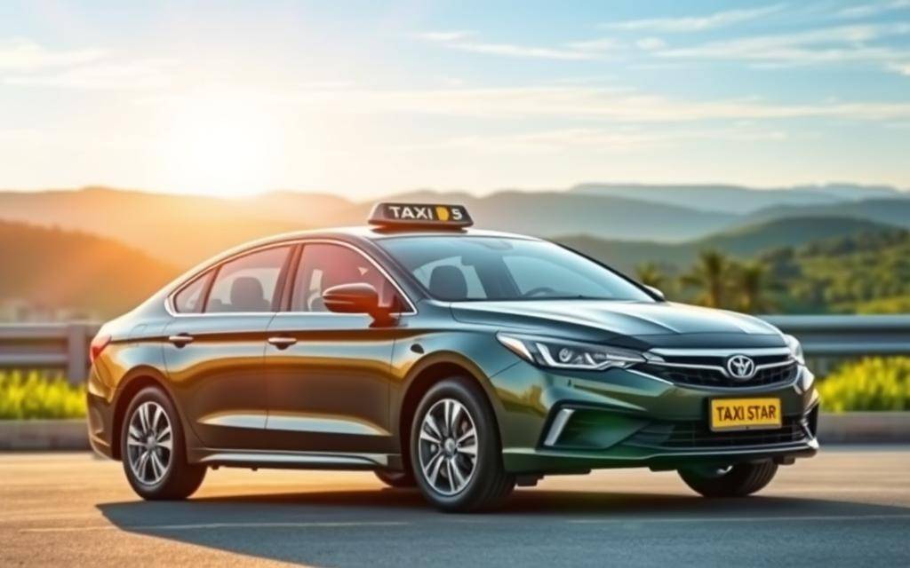 A sleek, modern Taxi Star sedan with a dynamic, yet elegant design sits prominently in the foreground. The vehicle's glossy exterior reflects the warm, natural lighting that filters in from the background, casting a soft, inviting glow. The middle ground features a serene, picturesque Vietnamese landscape, complete with lush greenery and a clear blue sky. In the distance, rolling hills and a tranquil horizon line create a sense of depth and balance. The overall atmosphere conveys a professional, reliable, and trustworthy service, perfectly suited for the &amp;quot;Vì sao chọn Taxi Star cho dịch vụ thuê tự lái tại Ninh Thuận&amp;quot; section of the &amp;quot;Informational&amp;quot; article.