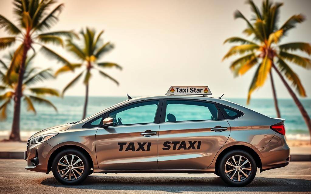 A sleek, modern Taxi Star vehicle prominently displayed in the foreground, its shiny metallic exterior gleaming under warm, diffused lighting. In the middle ground, a picturesque Nha Trang beach scene unfolds, with palm trees swaying gently and the crystal-clear azure waters of the South China Sea extending to the horizon. The background is filled with a hazy, atmospheric skyline, creating a sense of tranquility and relaxation. The image conveys a feeling of reliable, high-quality transportation service, with the Taxi Star branding clearly visible on the vehicle. The overall composition is balanced, well-lit, and photo-realistic, showcasing the taxi's commitment to on-time, safe, and hassle-free airport transfer services.