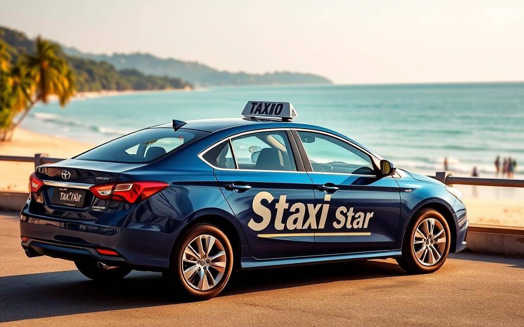 A sleek, modern taxi car in shades of blue and silver, prominently displaying the "Taxi Star" brand name, parked against the backdrop of the picturesque Nha Trang beach. The car is bathed in warm, golden sunlight, with the turquoise waters of the ocean and the lush, palm-lined coastline visible in the distance. The scene conveys a sense of luxury, comfort, and convenience, perfectly capturing the essence of a "Bảng giá taxi đà lạt đi nha trang trọn gói theo loại xe" (All-inclusive Dalat to Nha Trang taxi pricing by vehicle type).