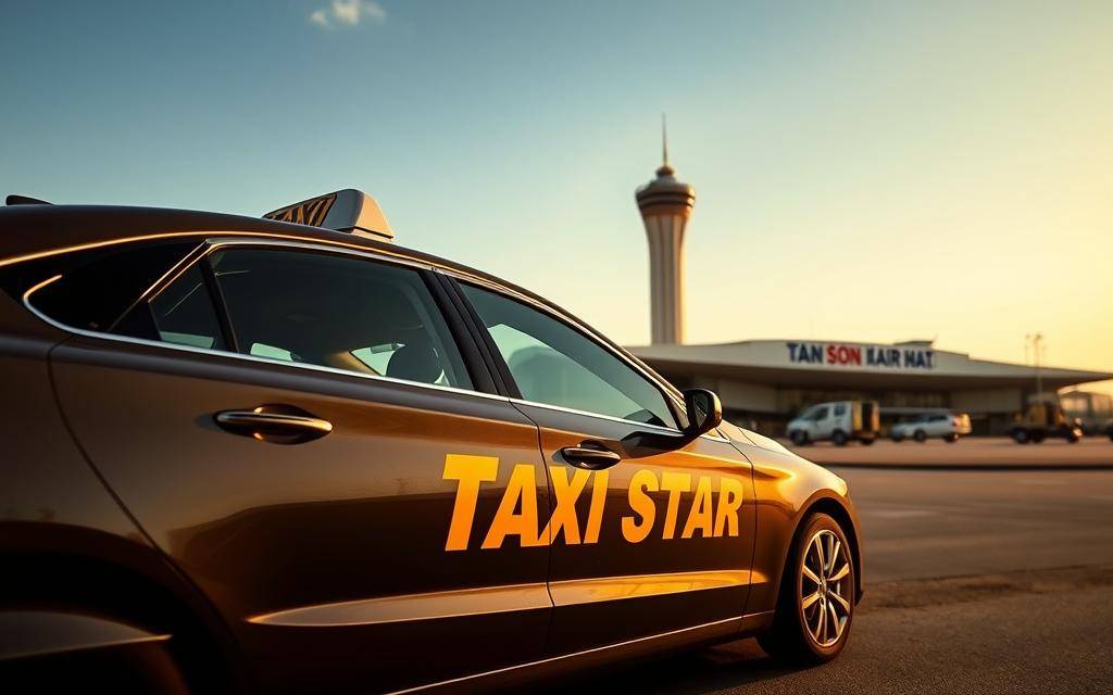 A sleek, modern taxi car with the "Taxi Star" branding prominently displayed on its sides, positioned in the foreground of the image. The vehicle is illuminated by natural sunlight, casting warm tones and sharp shadows that accentuate its clean lines and glossy finish. In the middle ground, the iconic Tan Son Nhat airport terminal can be seen, its distinctive architecture standing tall against a clear, blue sky. The scene conveys a sense of efficiency, professionalism, and reliable transportation services, setting the stage for the article's exploration of the Limousine Mũi Né's high-end amenities.