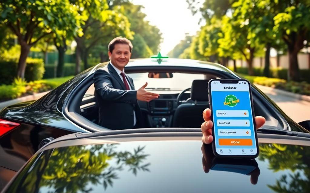 A sleek, modern taxi parked on a sun-drenched street in Vietnam, its glossy exterior gleaming. The driver, smartly dressed, stands beside the open rear door, gesturing warmly towards the passenger. In the background, a lush, verdant landscape frames the scene, creating a welcoming atmosphere. The lighting is soft and natural, casting a warm glow over the entire composition. The camera angle is slightly elevated, providing a clear view of the taxi's interior and the intuitive booking process displayed on the driver's mobile device. This image conveys the ease, professionalism, and reliability of the Taxi Star service, perfectly illustrating the &quot;Hướng dẫn đặt xe&quot; section of the article.