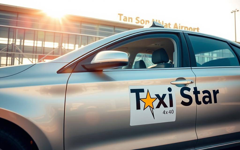 A sleek, silver taxi car prominently displays the "Taxi Star" logo on its side, as it sits in the foreground of the frame. The mid-morning sunlight casts a warm glow across the scene, illuminating the modern, glass-fronted terminal of Tan Son Nhat International Airport in the background. The taxi's polished exterior reflects the bustling activity of the airport, while its comfortable interior invites travelers to embark on their journey from Mui Ne to Ho Chi Minh City. The composition, captured in 4K resolution, exudes a sense of professionalism and reliability, perfectly illustrating the taxi service available for those seeking convenient transportation from Mui Ne to Tan Son Nhat Airport. A sleek, silver taxi car prominently displays the "Taxi Star" logo on its side, as it sits in the foreground of the frame. The mid-morning sunlight casts a warm glow across the scene, illuminating the modern, glass-fronted terminal of Tan Son Nhat International Airport in the background. The taxi's polished exterior reflects the bustling activity of the airport, while its comfortable interior invites travelers to embark on their journey from Mui Ne to Ho Chi Minh City. The composition, captured in 4K resolution, exudes a sense of professionalism and reliability, perfectly illustrating the taxi service available for those seeking convenient transportation from Mui Ne to Tan Son Nhat Airport.