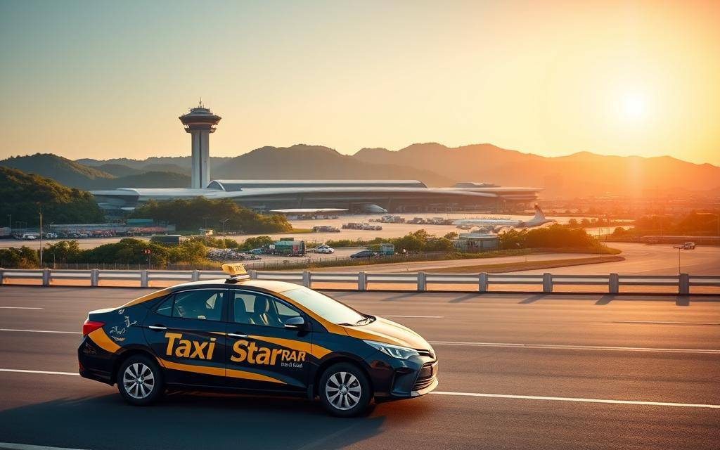 A sprawling, modern Liên Khương International Airport, its sleek terminals and control tower rising against a backdrop of lush, verdant hills. In the foreground, a gleaming "Taxi Star" taxi idles, its vibrant paint job and bold logo inviting passengers to explore the scenic Bảo Lộc region. The scene is bathed in warm, golden light, creating a sense of welcoming and tranquility. The image conveys the ease and convenience of traveling from the airport to the nearby city, highlighting the airport's strategic location and the reliable taxi service available to visitors.