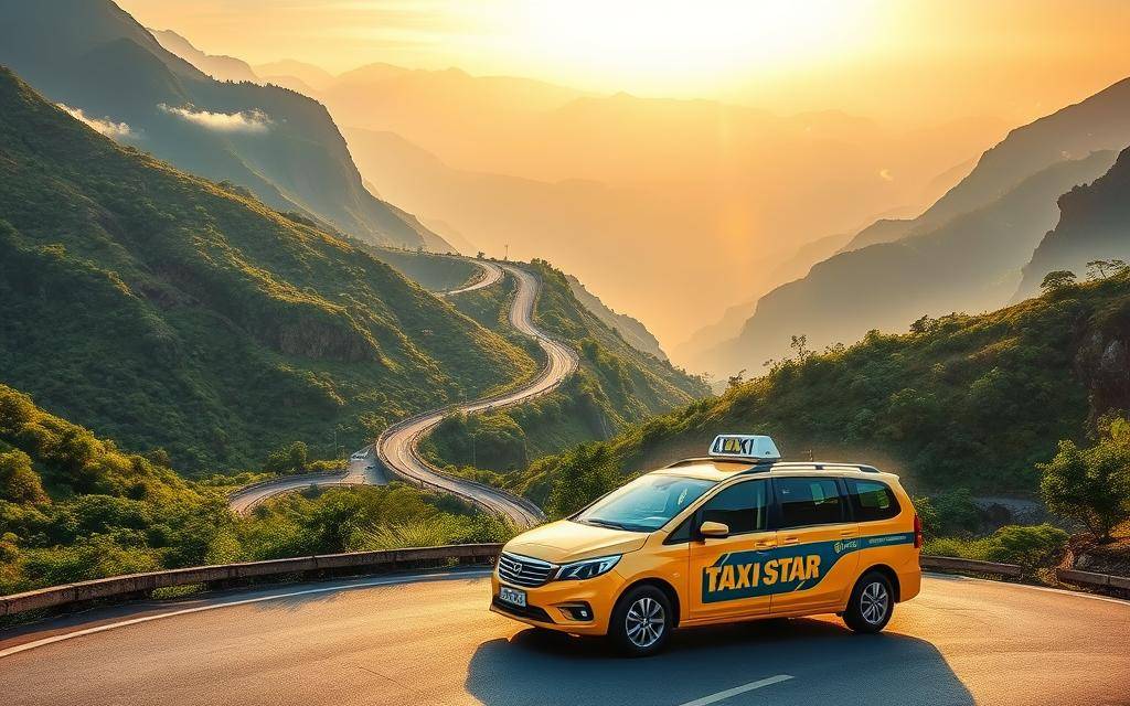 A stunning, photo-realistic vista of the Khanh Le Pass, nestled along the winding mountain road between Nha Trang and Da Lat. In the foreground, a gleaming Taxi Star vehicle navigates the serpentine curves, its sleek design and vibrant colors complementing the lush, verdant landscape. Towering peaks and mist-shrouded valleys frame the scene, creating a breathtaking panorama bathed in warm, golden light. The road winds gracefully, inviting the viewer to imagine the journey ahead, with safety and comfort assured by the reliable Taxi Star service. Vivid details, crisp textures, and a seamless blend of the natural and manmade elements transport the viewer to this magnificent stretch of Vietnam's scenic Central Highlands.