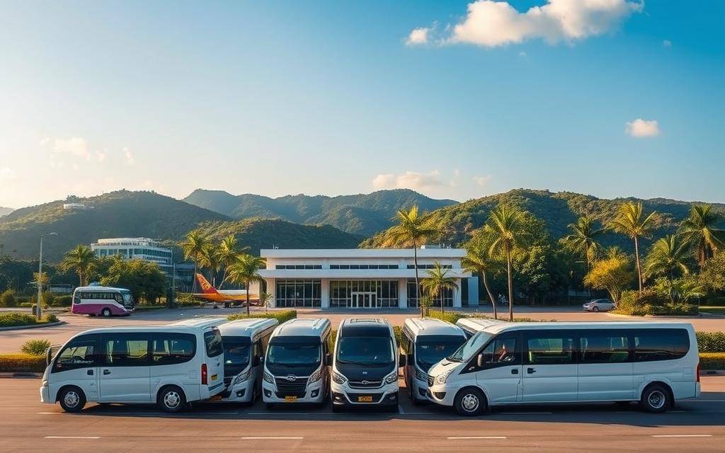 A tranquil airport backdrop nestled amidst verdant hills and azure skies. The Cam Ranh International Airport terminal stands in the foreground, its modern architecture and gleaming facade reflecting the warm tropical sunlight. In the middle ground, a fleet of well-maintained airport shuttles await passengers, their sleek designs and vibrant colors complementing the serene environment. The surrounding landscape is lush with palm trees and verdant foliage, creating a picturesque setting that evokes the coastal charm of the region. Subtle details like the play of light and shadow, the crisp clarity of the scene, and the overall sense of tranquility and efficiency convey the convenience and comfort of this transportation service.