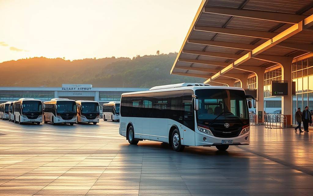 A tranquil scene at Cam Ranh Airport, with a fleet of sleek, modern shuttle buses awaiting passengers. The warm, golden light of dawn bathes the bustling terminal, casting a welcoming glow. In the foreground, a well-maintained shuttle stands ready, its clean exterior and comfortable interior beckoning travelers. The middle ground reveals the airport's efficient layout, with directional signs and orderly flow of people. In the background, the lush, verdant landscape surrounding the airport creates a picturesque backdrop, hinting at the natural beauty of the region. This image conveys a sense of convenience, reliability, and attention to detail, perfectly capturing the essence of the "Xe Sân Bay Cà Ná" service.
