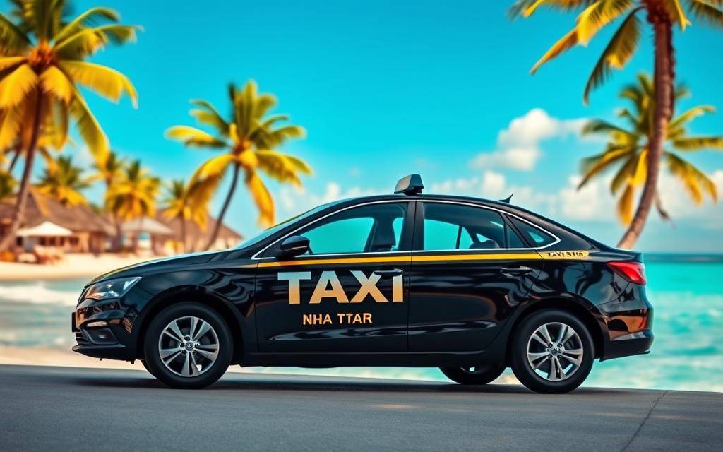 A vibrant photo-realistic image of a sleek, modern Taxi Star taxi car parked in front of the stunning Nha Trang beach, with crystal-clear turquoise waters and a picturesque backdrop of towering palm trees swaying in the gentle breeze. The taxi's glossy exterior reflects the warm, golden sunlight, creating a sense of warmth and inviting atmosphere. The image captures the ease and convenience of booking a Taxi Star taxi, showcasing the brand's commitment to providing reliable and efficient transportation services. Crisp 8K resolution, cinematic lighting, and a compelling depth of field draw the viewer's attention to the taxi, emphasizing the simplicity and speed of the booking process.