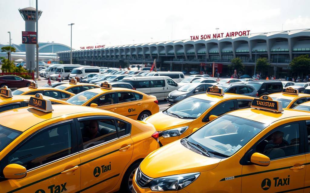 A vibrant scene at Tan Son Nhat airport, showcasing a fleet of Taxi Star vehicles in the foreground. The sleek, modern taxis gleam under the natural sunlight, their distinctive logos prominently displayed. In the middle ground, other popular local transportation options, such as minivans and sedans, create a bustling atmosphere. The background features the iconic airport terminal, its architecture blending seamlessly with the urban landscape. The overall composition captures the efficient and accessible nature of the transportation options available to travelers in this thriving tourist destination.