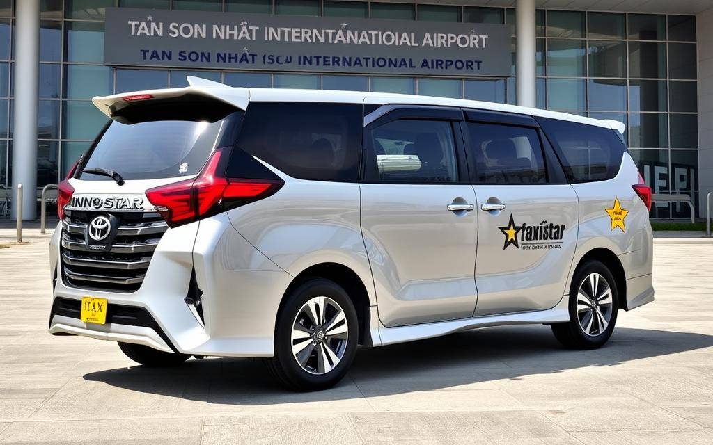 A well-appointed 16-seat Toyota Innova Venturer MPV, its sleek exterior gleaming in the natural light before the modern façade of Tan Son Nhat International Airport. The "Taxi Star" livery emblazoned on the sides, signaling its role as a comfortable and reliable transport option. The vehicle's spacious interior and luxurious amenities, from plush seating to generous legroom, promise a pleasant journey for larger groups. This versatile, high-spec MPV stands ready to ferry passengers with ease, its commanding presence and attention to detail making it an ideal choice for the discerning traveler.