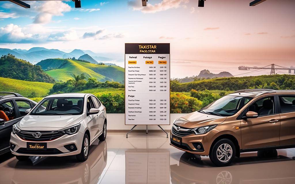 A well-lit, sleek display showcasing the latest &amp;quot;Taxi Star&amp;quot; self-drive rental vehicles set against a picturesque backdrop. The foreground features a lineup of modern, well-maintained cars with a focus on interior and exterior details. The middle ground showcases the rental prices and package offerings presented on a clean, organized price board. The background depicts a serene Vietnamese landscape, with lush greenery, rolling hills, and a hint of a coastal setting, creating a tranquil, inviting atmosphere. The overall composition conveys a sense of professionalism, reliability, and the high-quality self-drive rental experience available.
