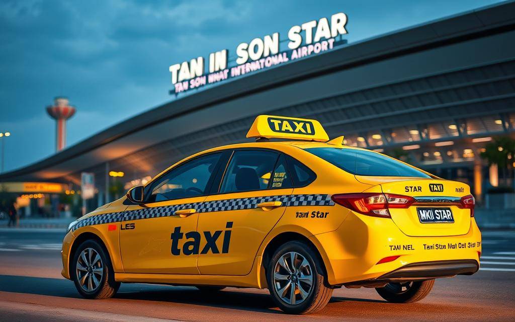 A well-lit, ultra-realistic 4K photograph showcasing a meticulously detailed taxi car prominently featuring the "Taxi Star" branding, positioned in the foreground against the backdrop of Tan Son Nhat International Airport. The scene captures the natural lighting and atmospheric ambiance, with the taxi's sleek design and vibrant colors commanding attention. The image clearly conveys the comparative pricing and service options available for transportation between Mui Ne and Tan Son Nhat, complementing the article's informative content.