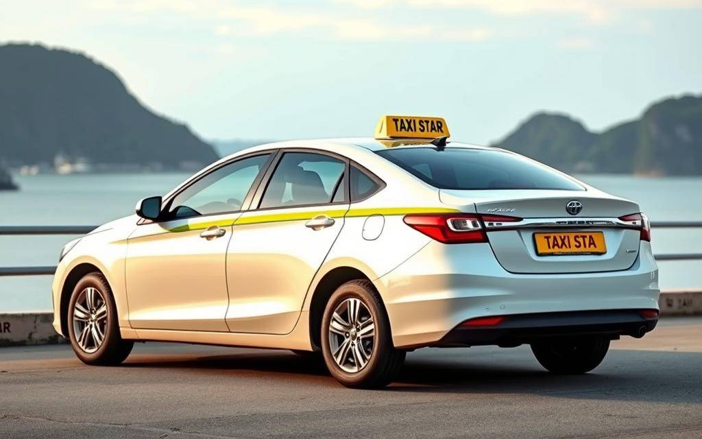 A well-maintained, late-model Taxi Star vehicle set against the picturesque backdrop of Vietnam's coastal landscape. The sleek, modern design of the car contrasts with the serene, natural environment, creating a harmonious visual experience. Soft, diffused lighting illuminates the scene, lending an air of tranquility. The prompt aims to showcase the comprehensive taxi service offerings, from the type of vehicle to the scenic surroundings, for a Nha Trang Vinh Hy taxi experience.