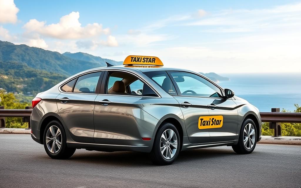 Elegantly designed new-model Taxi Star vehicle with a beautiful scenic backdrop, capturing the essence of the Nha Trang-Vinh Hy journey. A sleek, modern sedan with a comfortable interior, capturing the reliable and efficient service of Taxi Star. The car is set against a picturesque coastal landscape, with lush greenery, clear skies, and a serene ocean view, conveying the tranquil and scenic nature of the route. Soft, warm lighting accentuates the vehicle's lines and the natural surroundings, creating a welcoming and inviting atmosphere. The composition places the Taxi Star car as the focal point, showcasing its quality and the benefits it offers travelers on this route.