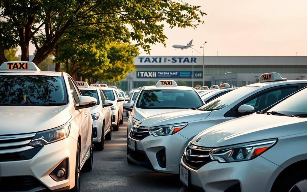 Realistic photo of a fleet of Taxi Star vehicles in a natural setting near Tan Son Nhat International Airport. The cars are positioned in the foreground, showcasing their sleek and modern design. The middle ground features the airport terminal building in the background, providing a sense of context. The lighting is soft and natural, creating a warm and inviting atmosphere. The image captures the essence of the Taxi Star brand, conveying its professionalism and reliability for airport transportation services.