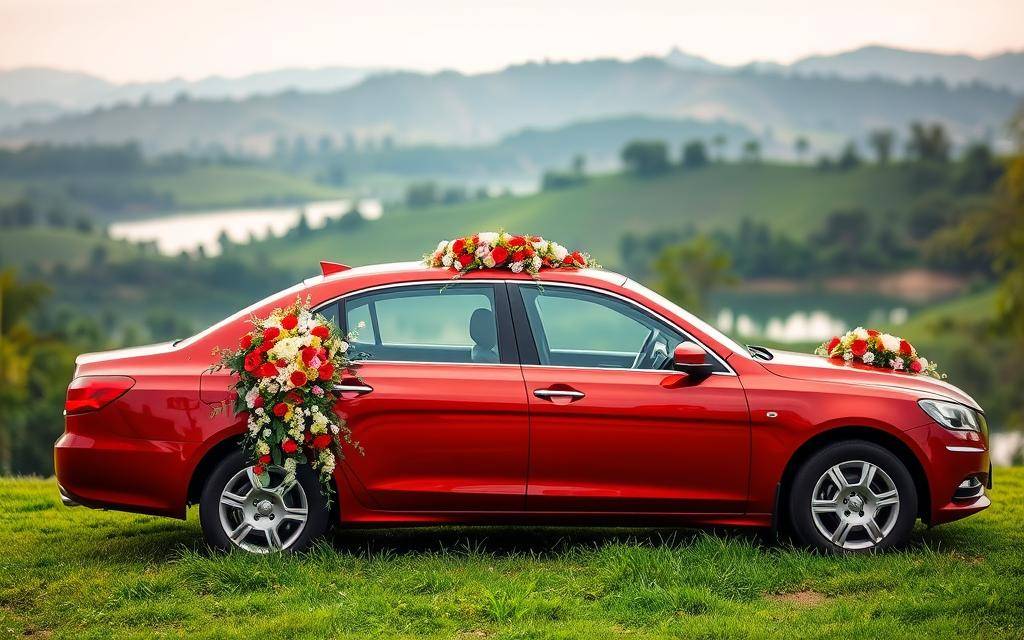 A beautifully decorated wedding car, the "Xe Hoa", stands in a lush, verdant setting. The vehicle is a classic, luxurious sedan painted in a vibrant shade of red, gleaming in the soft, warm lighting. The car is adorned with intricate floral arrangements, meticulously crafted with vibrant, fragrant blooms that cascade over the exterior, creating a stunning visual display. In the background, a picturesque landscape unfolds, with rolling hills and a serene, tranquil lake, reflecting the car's elegant silhouette. The overall scene exudes a sense of timeless elegance and refined sophistication, perfectly capturing the essence of a Taxi Star wedding car service in Ninh Thuan.