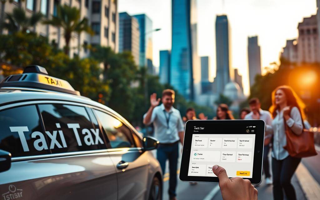 A bustling city street at dusk, the Taxi Star logo prominently displayed on the side of a sleek, modern self-driving vehicle. In the foreground, a group of people enthusiastically gesturing and discussing the rental process, their expressions conveying a sense of excitement and anticipation. The middle ground features a well-designed user interface on a tablet, showcasing the step-by-step rental workflow. In the background, a blend of towering skyscrapers and lush greenery creates a vibrant, urban atmosphere, illuminated by warm, golden lighting. The scene conveys the convenience, reliability, and seamless experience of the self-driving car rental service.