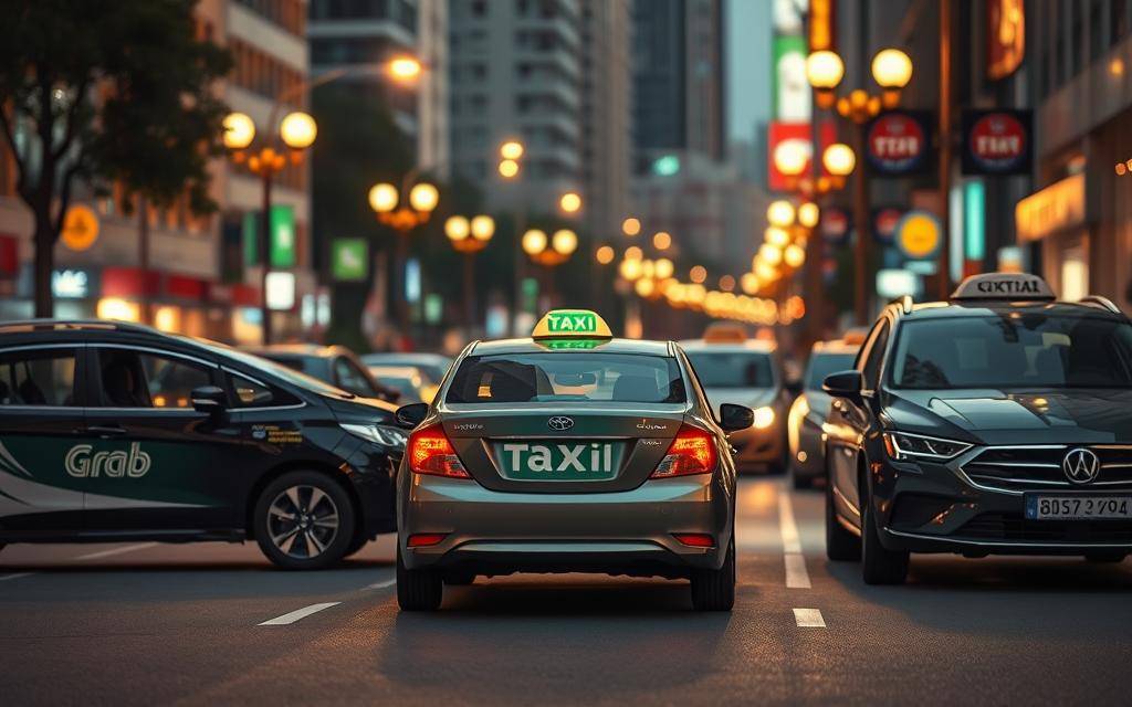 A bustling city street, illuminated by warm streetlights, where three modes of transportation - a sleek Grab vehicle, the iconic Taxi Star taxi, and a private hire car - are juxtaposed, each representing a unique service option. The scene is captured from a slightly elevated perspective, allowing the viewer to observe the vehicles and their surrounding environment in detail. The image conveys a sense of comparison and analysis, with the different transportation choices subtly highlighted, inviting the viewer to consider the merits and drawbacks of each service.