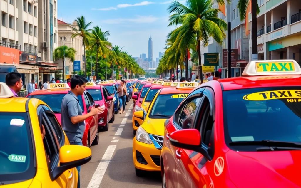 A bustling street in Vĩnh Hy, Nha Trang, with a fleet of Taxi Star vehicles parked along the curb. The cars are in a range of vibrant colors, gleaming under the warm afternoon sunlight. In the foreground, a customer is gesturing to the driver, discussing the fare. The middle ground features a mix of pedestrians and other modes of transportation, creating a lively urban scene. In the background, the iconic Nha Trang skyline rises, framed by palm trees and a clear blue sky. The overall atmosphere conveys a sense of efficiency, accessibility, and the local culture of transportation in this coastal Vietnamese city.