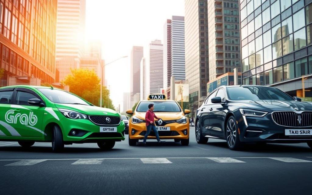 A bustling urban scene depicting three modes of transportation: a Grab ride-hailing vehicle, a Taxi Star sedan, and a sleek contract hire car. The foreground showcases the distinct silhouettes and design elements of each transport option, while the middle ground features a busy city street with passing pedestrians and other traffic. The background is a modern cityscape with towering skyscrapers and a vibrant, sunlit atmosphere. The overall composition conveys a sense of comparison and contrast between the three transportation services, allowing the viewer to visualize the key differences at a glance.