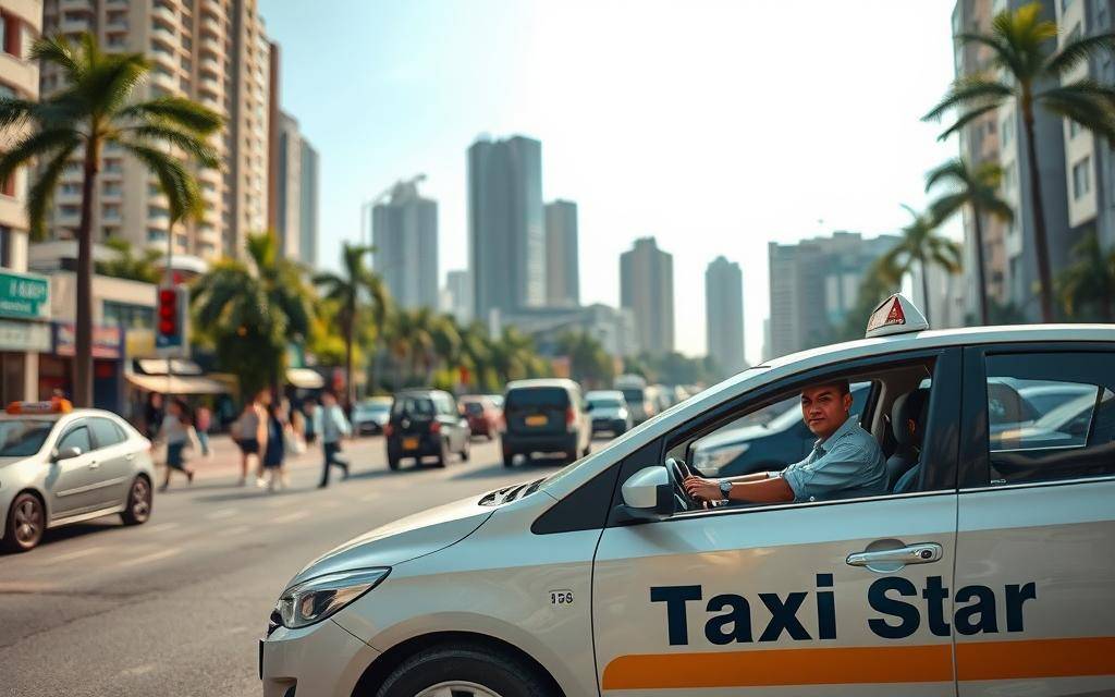 A busy city street in Vung Tau, Vietnam, with a Taxi Star vehicle prominently displayed in the foreground. The taxi is a modern, well-maintained sedan with the company's distinctive branding. The driver, a friendly-looking local, is standing next to the open passenger door, ready to assist a customer. In the middle ground, pedestrians and other vehicles move about, capturing the vibrant energy of the urban environment. The background features a mix of high-rise buildings, palm trees, and a clear, sunny sky, conveying a sense of warmth and prosperity. The overall scene exudes a mood of efficiency, reliability, and convenience, reflecting the reliable taxi service that is the focus of the article.