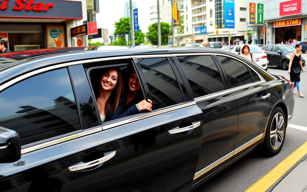 A busy limousine transportation service in Nha Trang, Vietnam, as experienced by real customers. In the foreground, a group of well-dressed passengers eagerly entering a luxurious Taxi Star limousine, their faces conveying a sense of excitement and anticipation. The middle ground showcases the sleek, black exterior of the limousine, its polished chrome trim and tinted windows reflecting the vibrant cityscape around it. In the background, the bustling streets of Nha Trang are visible, with other vehicles and pedestrians adding to the lively atmosphere. The overall scene captures the high-end, sophisticated nature of the limousine service, as well as the genuine reactions and experiences of the satisfied customers.