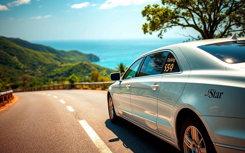 A classic white wedding limousine glides down a scenic coastal road in Ninh Thuan, its sleek exterior gleaming in the warm sunlight. The "Taxi Star" logo proudly displayed on the side, signaling a safe and reliable transportation service for the newlyweds. In the background, lush green hills and the azure waters of the East Sea create a serene and picturesque backdrop, setting the stage for a memorable wedding journey. The image conveys a sense of elegance, comfort, and the promise of a joyous celebration, perfectly capturing the essence of "thuê xe cưới theo giờ Ninh Thuận."