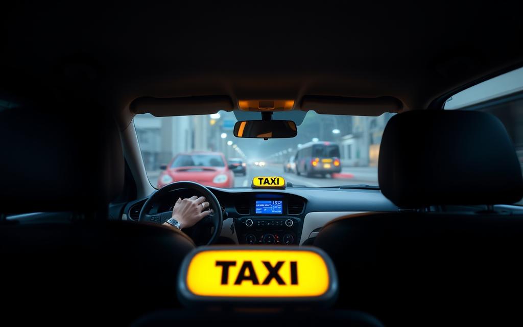 A cozy, well-lit interior of a modern taxi cab, featuring the Taxi Star logo prominently displayed on the dashboard. The driver's hands are visible on the steering wheel, and the passenger's seat is empty, inviting the viewer to imagine themselves about to embark on a journey. The cab's clean, sleek design and well-maintained condition convey a sense of professionalism and reliability. Soft lighting creates a warm, welcoming atmosphere, setting the stage for a comfortable and hassle-free transportation experience.