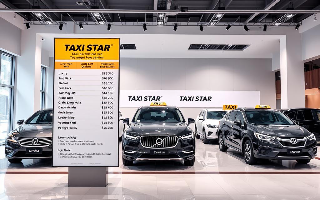A detailed, high-resolution image of a "Bảng giá taxi các loại xe" showcasing the pricing and policies for different taxi vehicle types. The scene is set in a modern, well-lit showroom with a sleek, minimalist design. In the foreground, a large, prominently displayed "Taxi Star" branded price board dominates the composition, showcasing the rates for various taxi sizes and services. The middle ground features several luxury and standard sedans, SUVs, and vans arranged neatly, allowing the viewer to compare the vehicle options. The background offers a clean, uncluttered setting with subtle branding elements that reinforce the professional, trustworthy nature of the Taxi Star service. The overall mood is one of clarity, transparency, and attention to detail, reflecting the reliable and customer-centric nature of the transportation provider.