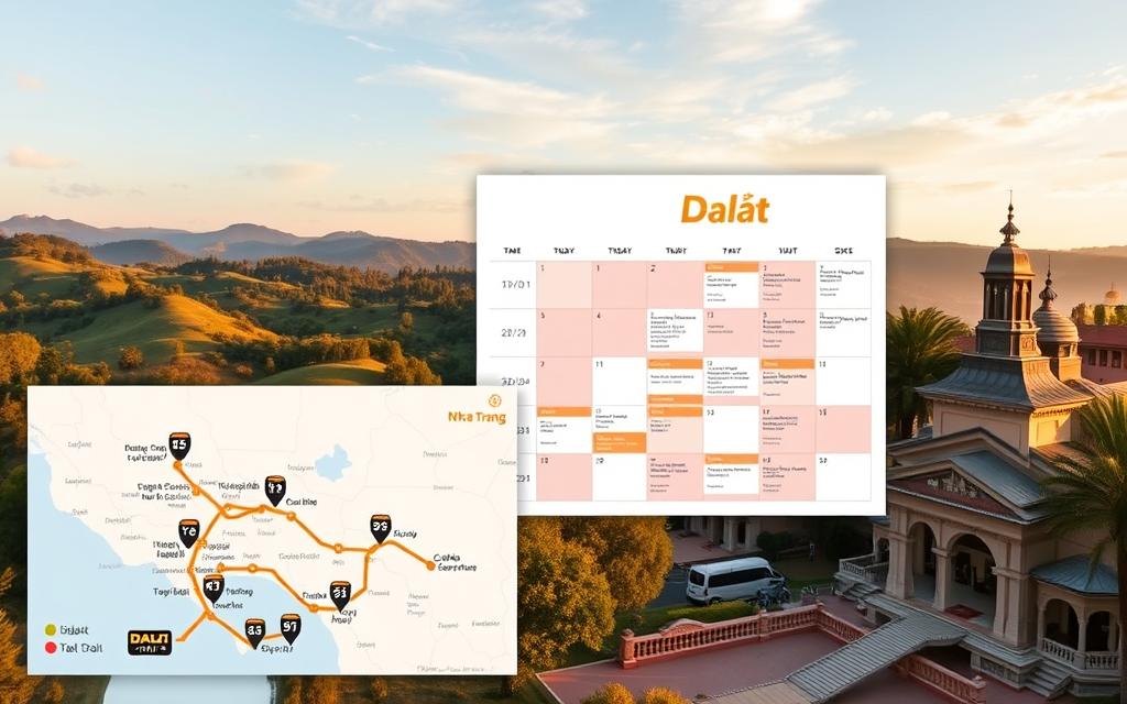 A detailed itinerary for a trip to Dalat from Nha Trang, showcasing a meticulously planned adventure. In the foreground, a stylized map highlights the journey, with icons denoting modes of transportation like the "Taxi Star" brand. In the middle ground, a calendar displays a day-by-day schedule, color-coded to indicate activities, meals, and accommodations. The background features scenic Dalat landscapes, including rolling hills, lush pine forests, and quaint colonial architecture, all bathed in warm, golden-hour lighting. The overall composition conveys a sense of organized exploration, blending functionality and aesthetic appeal to guide the viewer through the intricate details of the travel itinerary.