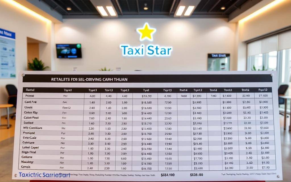 A detailed price list for self-driving car rentals in Ninh Thuan, set against a backdrop of a modern, well-equipped rental office. The foreground showcases a large, prominently displayed price table, meticulously organized with columns for vehicle types, rental durations, and corresponding rates. The middle ground features a prominent "Taxi Star" logo, conveying a sense of professionalism and reliability. The background depicts a clean, well-lit interior with sleek furniture and informative signage, creating an atmosphere of efficiency and customer-focused service. The lighting is warm and inviting, and the overall composition emphasizes the clarity and comprehensiveness of the rental pricing information.