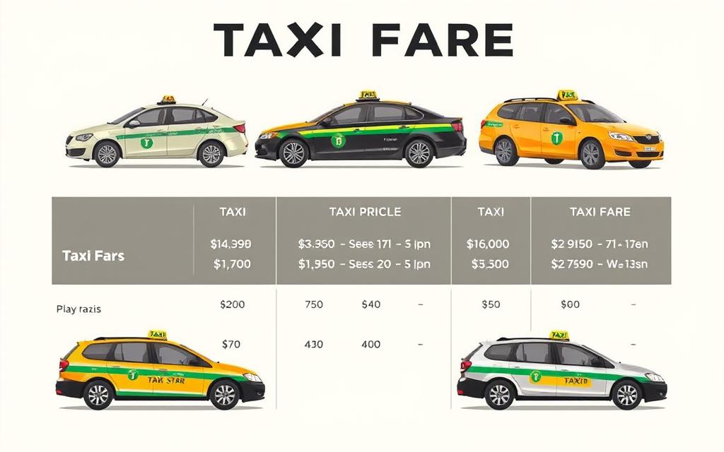 A detailed taxi fare chart depicting a variety of Taxi Star vehicles, showcasing their respective pricing structures. The image should have a clean, minimalist design with a focus on presenting the information in a clear and organized manner. The background should be a neutral, light-colored tone to allow the pricing details to stand out prominently. The vehicles should be illustrated in a realistic, technical style, with attention to accurate proportions and details. The overall mood should convey a sense of professionalism and utility, suitable for inclusion in an informative article about taxi services.