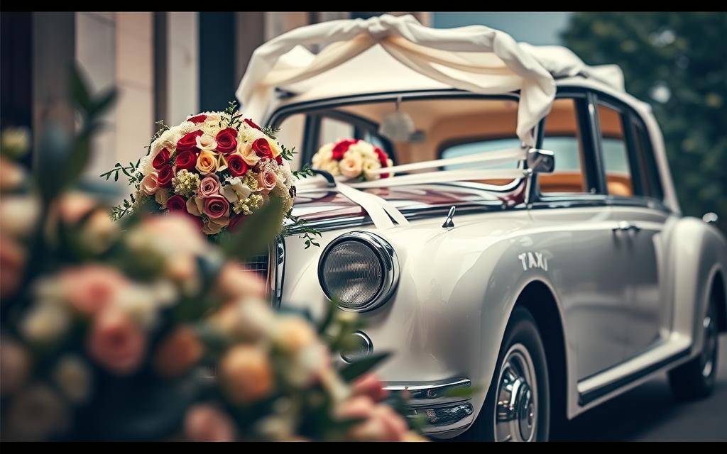 A grand, ornate wedding car with gleaming chrome and a flowing white canopy, adorned with elegant floral arrangements and ribbons. The luxurious Taxi Star vehicle is captured in a soft, diffuse light, creating a sense of romance and anticipation. In the foreground, the intricate patterns and vibrant colors of the flowers draw the eye, while the sleek, streamlined design of the car's body frames the scene. The background is slightly blurred, allowing the focus to remain on the centerpiece of the image - the magnificent wedding car, a symbol of the special occasion.