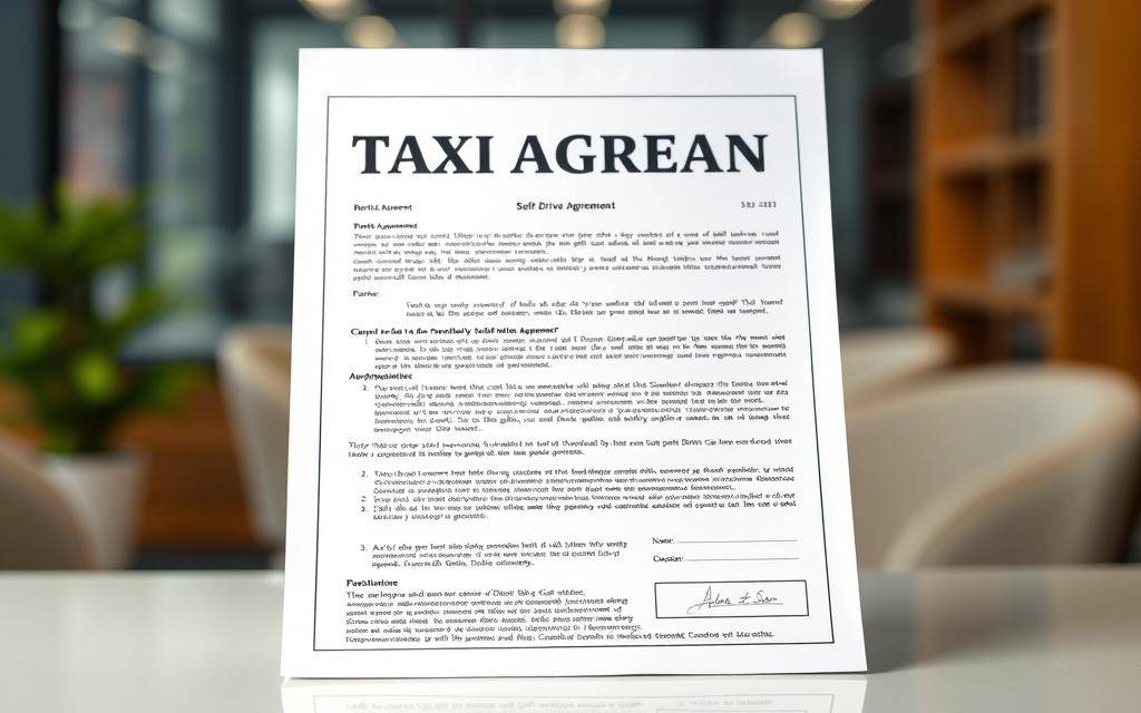 A high-quality rental agreement for a self-drive car rental service, featuring the "Taxi Star" brand name. The document is positioned in the center of the frame, with a clean and professional layout. The background is slightly blurred, suggesting a modern office or administrative setting. The lighting is soft and even, highlighting the important details of the rental agreement. The overall mood is one of efficiency, trust, and attention to detail, conveying the professionalism and reliability of the self-drive car rental service.