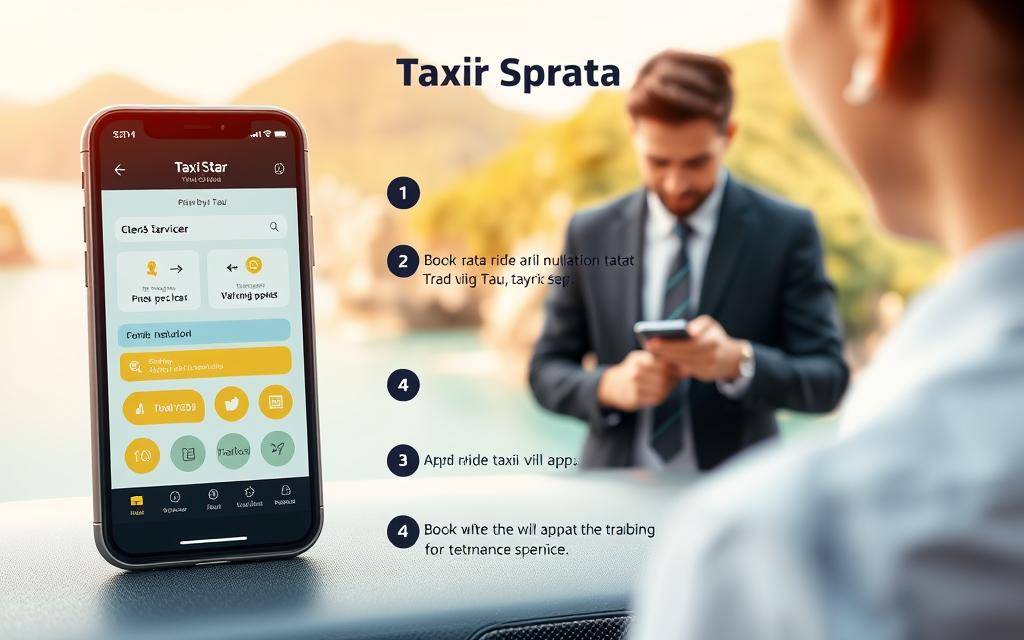 A high-resolution, photorealistic image depicting a step-by-step guide on how to book a ride with Taxi Star, a reliable taxi service in Bà Rịa Vũng Tàu, Vietnam. The foreground showcases a smartphone screen with the Taxi Star app interface, highlighting the intuitive booking process. The middle ground features a well-dressed person interacting with the app, while the background depicts the lush, coastal scenery of Bà Rịa Vũng Tàu. The scene is illuminated by warm, natural lighting, creating a welcoming and informative atmosphere. The overall composition emphasizes the convenience and seamlessness of the Taxi Star booking experience.