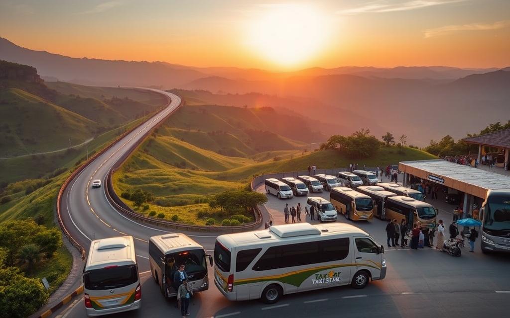 A long winding highway cutting through lush, rolling hills. In the foreground, a fleet of sleek, modern buses and vans emblazoned with the "Taxi Star" logo. Passengers disembarking, loading luggage. In the middle ground, a bustling terminal with passengers queuing, ticket booths, and vendors. Ambient lighting casts a warm, golden glow as the sun dips below the distant mountains in the background. The scene conveys a sense of reliable, comfortable transportation amidst the scenic Nha Trang to Da Lat route.