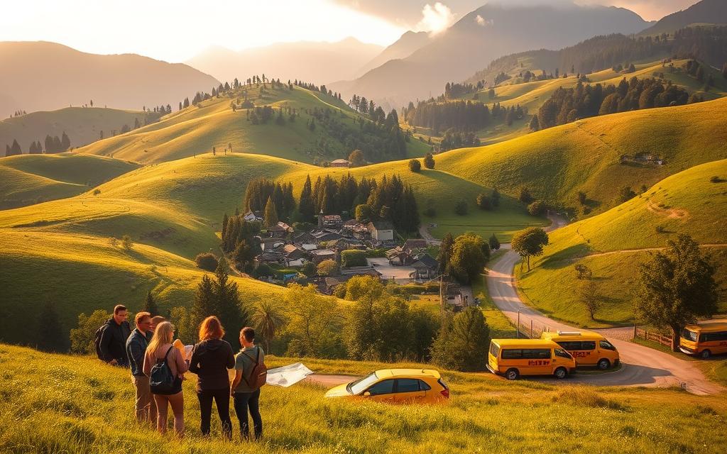A lush, verdant landscape with rolling hills and winding paths, bathed in warm, golden light. In the foreground, a group of travelers are gathered, examining a detailed map and discussing their next steps. In the middle ground, a quaint village nestled among the trees, with the iconic "Taxi Star" vehicles parked along the streets, ready to transport visitors. In the background, a towering mountain range, its peaks shrouded in mist, suggesting the promise of further exploration and adventure. The overall atmosphere is one of tranquility, exploration, and the harmonious interplay between natural and human elements, reflecting the "useful tourism resources" and "smart internal connections" that are the focus of the article section.